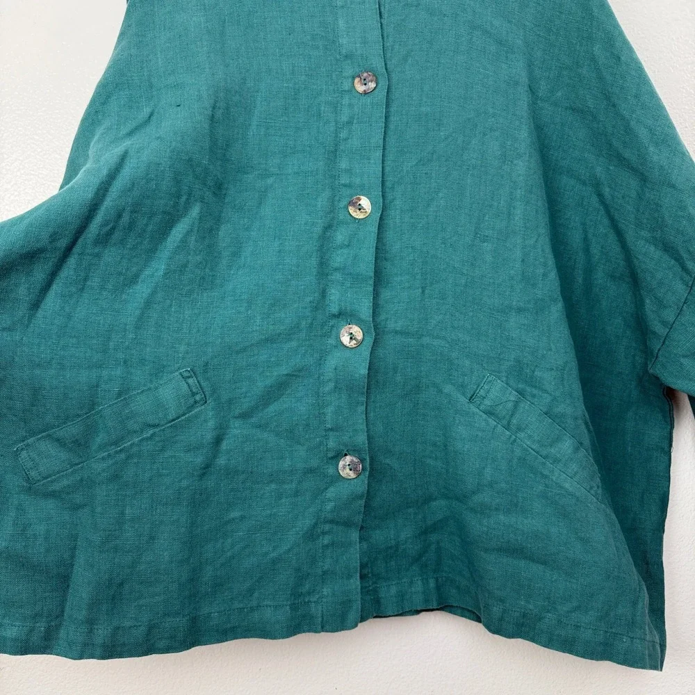 Bryn Walker Top Womens Medium Teal Green Linen Casana Button Front Oversized